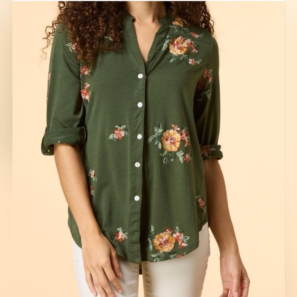 Anthropologie Fig and Flower Embroidered Button Down Blouse